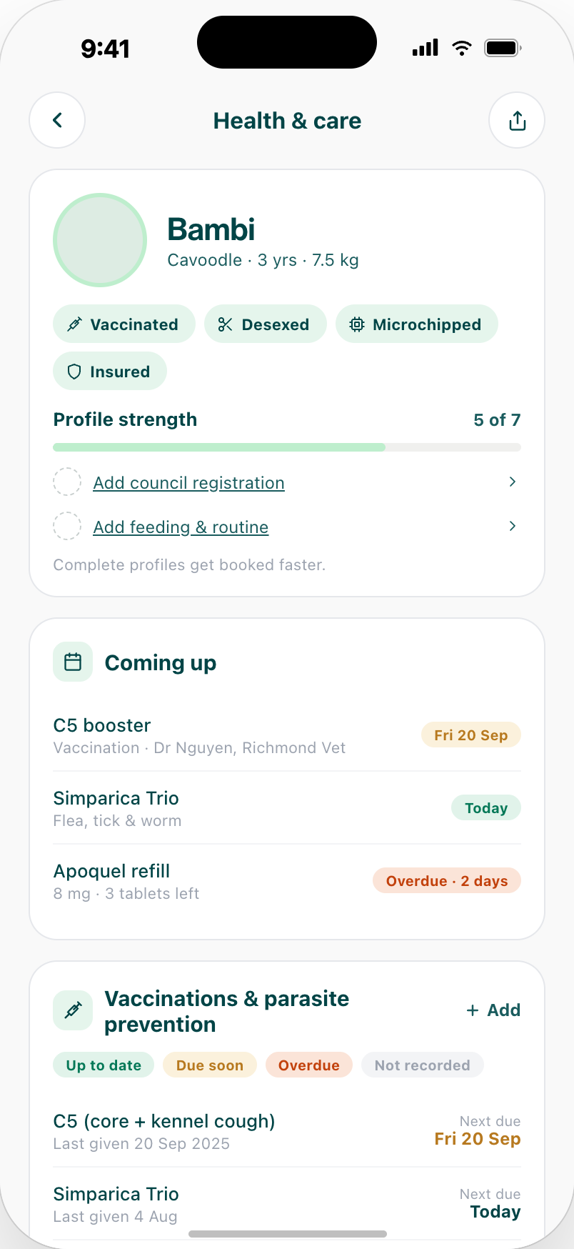 Pet health record in the BamChi app