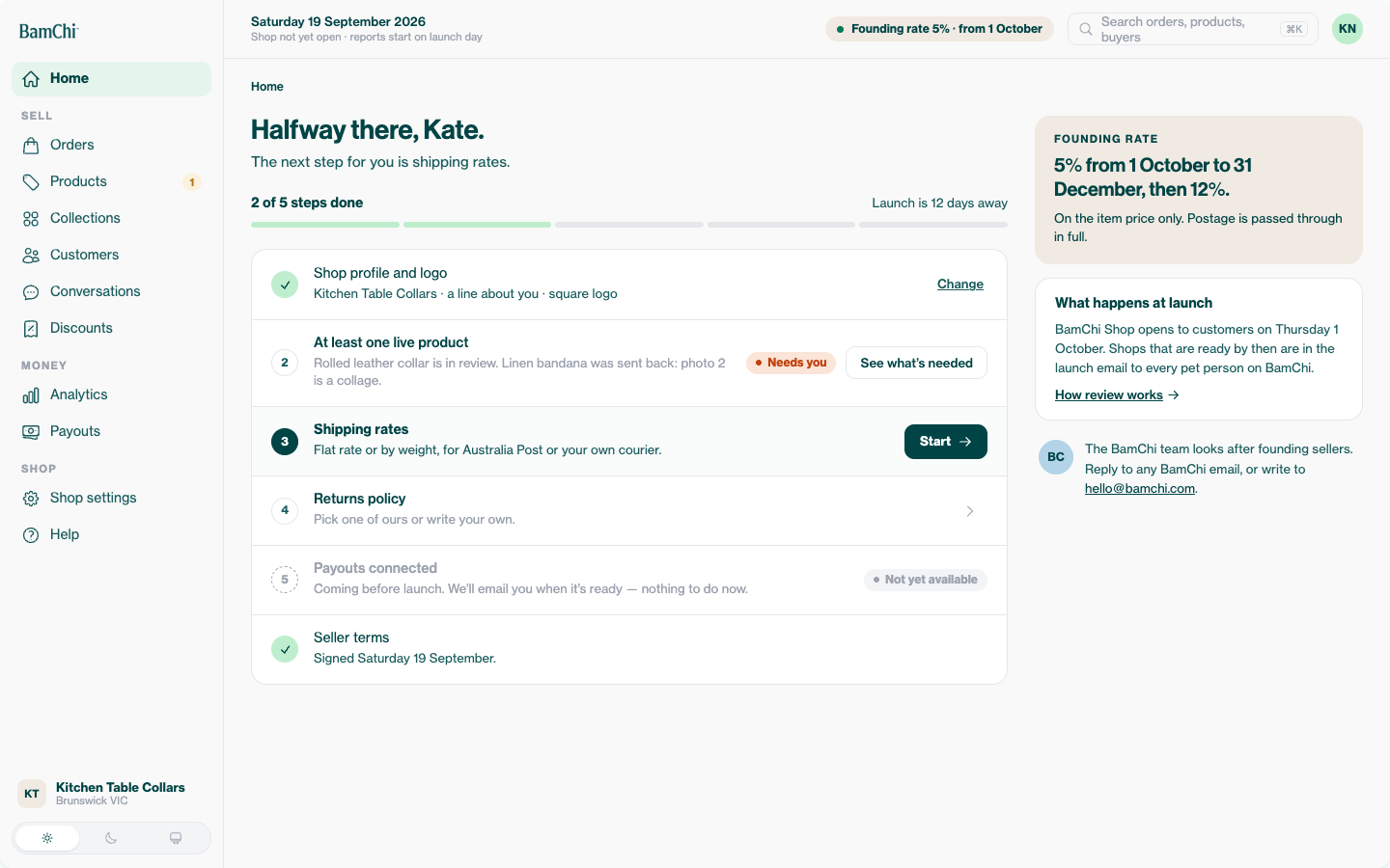 Seller portal home with the founding-rate box